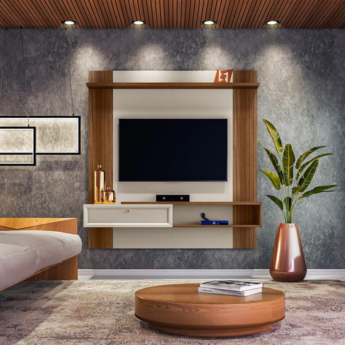 Painel Home Suspenso Frisco Detalhe Ripado Freijó/off White