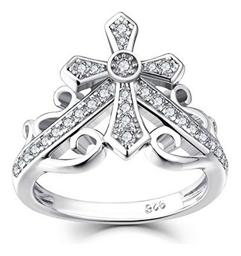 925 Sterling Silver Cubic Zirconia Cross Crown Women Ring Wi