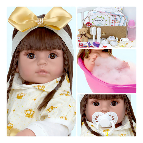 Boneca Bebê Reborn Vestido Dourado Menina 16 Itens Cegonha Reborn Dolls