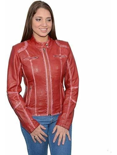 Sfl2830 Red Chaqueta De Cuero De Piel De Oveja Estilo Scuba 