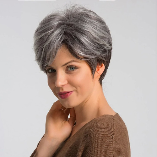 Miman Peluca De Cabello Corto Gris Mezclado Con Marrn En Cap