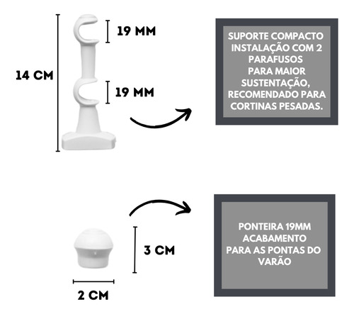 Kit Varão Duplo Para Cortina 2,50mts 19/19mm Compacto Cor Kit Varão Branco