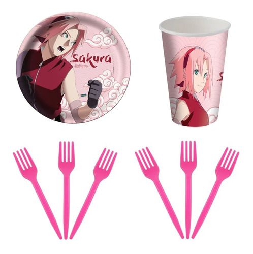 Kit Prato Copo E Garfo Rosa Festa Sakura Naruto Promoção Loj