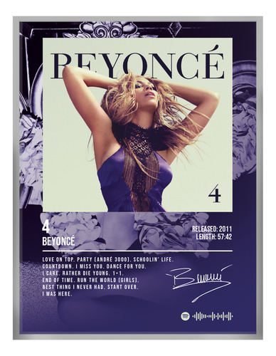 Cuadro Beyonce Cuatro Album Music Firma C/marco 60x50