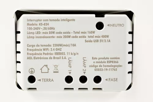 Interruptor inteligente com tomada + USB AGL KS824