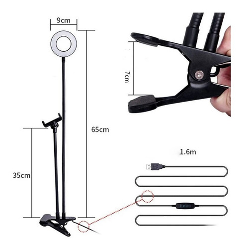 Aro De Luz Led 10 Cm + Soporte Celular Flexible Escritorio