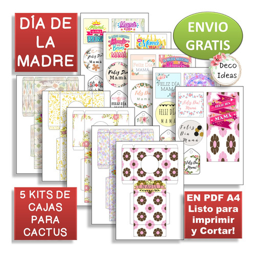 Kit Imprimible 01 Portamacetas Dia De La Madre Cactus + Tag