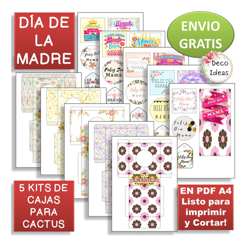 Imagen 1 de 4 de Kit Imprimible 01 Portamacetas Dia De La Madre Cactus + Tag
