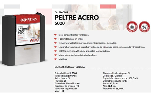 Estufa Calefactor Coppens Peltre Acero 5000 Kcal Sin Salida