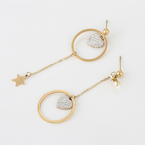Imagen 6 de 8 de Aretes Estrella Corazon Swarovski Largos Dispar Oro 14k Lam