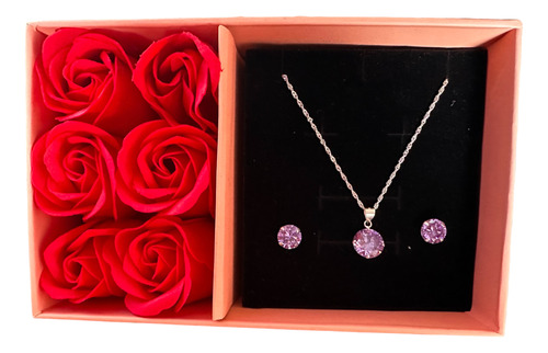 Regalo Mujer. Conjunto Collar Y Aro Plata Cn Rosas Dia Madre