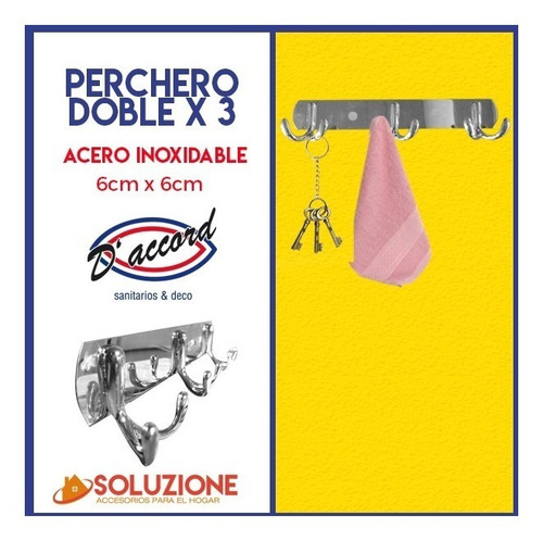 Perchero Triple De Acero Inoxidable Con 2 Ganchos Pared