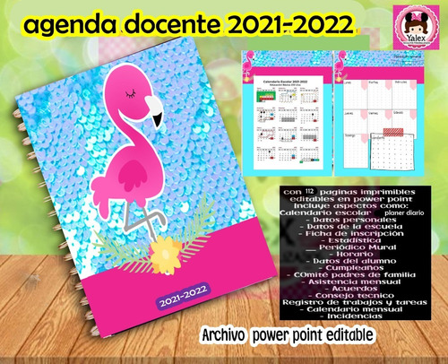  Kit Imprimible Agenda Docente Flamingo Maestra 21- 2022