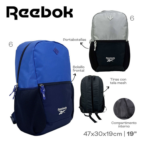 Mochila Reebok 19 PuLG Deportiva Viaje Reforzada Unisex Color Azul Diseño De La Tela Lisa