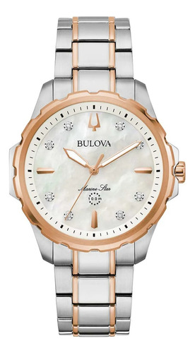 Reloj Bulova Quart Marine Star Mujer 98p228 Diamond Serie B Correa Plateado/oro Rosa Bisel Oro Rosa Fondo Madre Perla