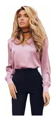 Increíble Blusa Cuello V Satén Moda Casual Elegante Diseños