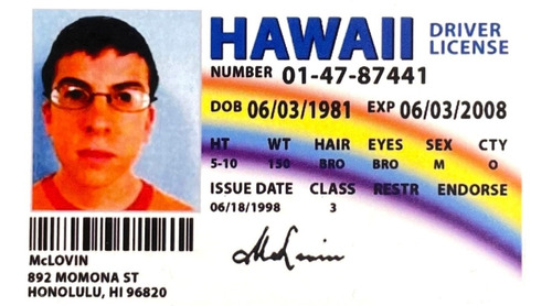 Tarjeta Licencia De Conducción Mclovin Super Cool Superbad