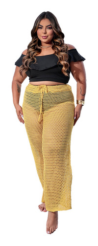 Calça Tricot Plus Size Saída De Praia Verão Feminina Wide