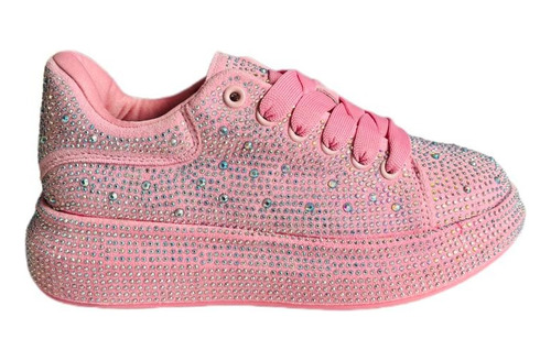 Tenis Con Brillos Y Pedrería Incrustada De Moda Rosa Pastel