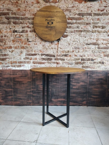 Imagen 3 de 8 de Mesa Industrial Hierro Y Madera 80cm Redonda Base Central