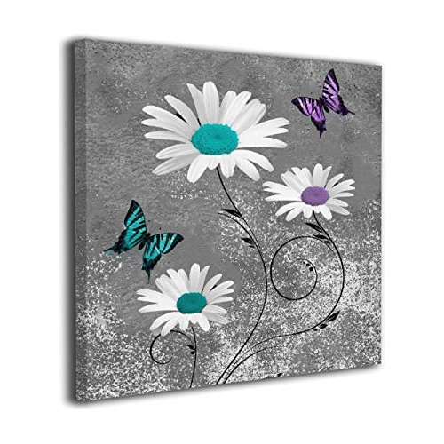 Canvas Print Wall Art Teal Purple Daisy Flower Butterfl...