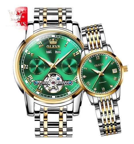 Reloj Mecánico Automático Reloj De Pareja Reloj Esqueleto Color de la correa Plateado Color del bisel Dorado Color del fondo green watch