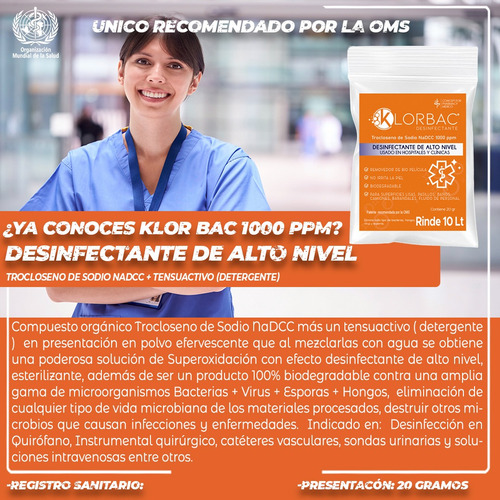 Klor Bac 1000ppm Desinfectante+ Detergente Sobre 20gr. 10 L