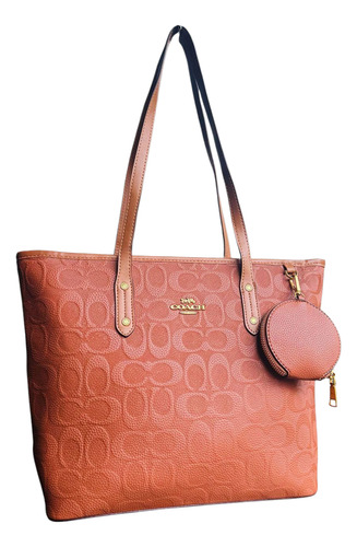 Bolsa De Dama Totebag Con Monedero Marron Con Relieves Lisa Oro