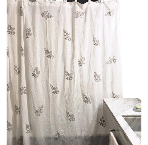 Cortina De Baño Blanca Gasa Algodón Estampa Hojas Gris 1,8