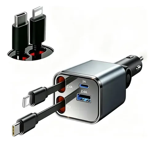 Carregador Veicular Turbo 4 Em 1 Compatível Com Android/ Ios Cinza