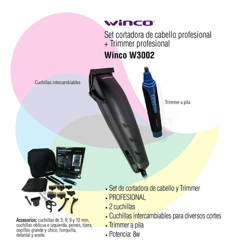 Imagen 2 de 9 de Set De Cortapelo Profesional Winco Trimmer Y Accesorios Cuo