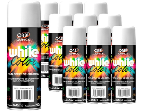 Tinta Spray Branco Brilho Uso Geral Orbi 340ml - 10 Unidades