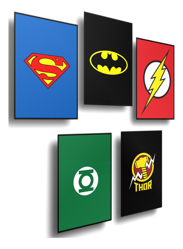 Set De 5 Cuadros Decorativos Infantiles Escudos Super Heroes