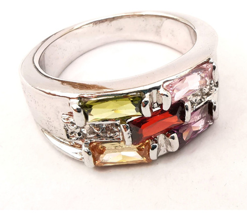 Imagen 3 de 4 de Anillo Con Gemas Multicolor Variadas #7 Plata Laminada
