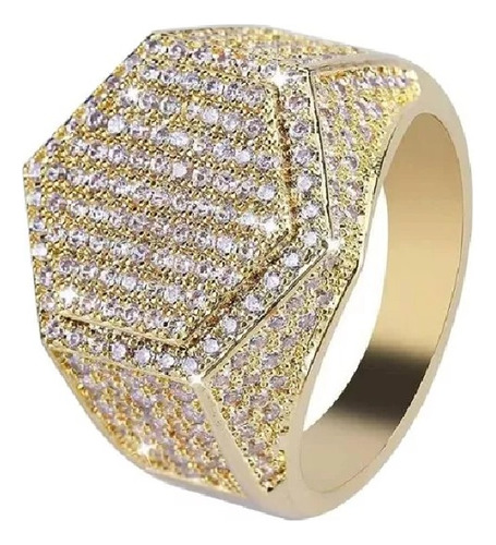 Anillo Hexagonal Dorado Hombre Lujo Diamantes Hip Hop Rapero