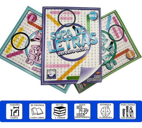 Set De 3 Libros Sopas De Letras Letra Grande 80 Págs Carta