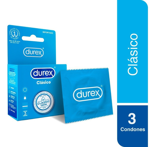 Durex Clásico Caja 3 Condones Preservativos Látex Lubricados