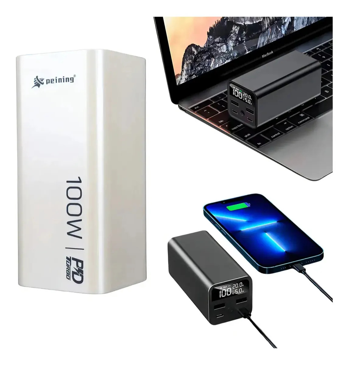 Carregador Turbo Power Bank Rápido 20000mah 100w Led Branco