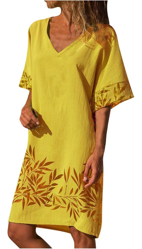 Imagen 1 de 1 de Vestido Recto Para Dama Verano Cuello Pico Estampado