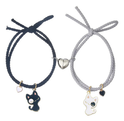 Pulsera Pareja Amistad Gatitos Negro Gris Corazon Iman 2x1