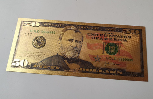 Billete De 50 Dolares Replica Rigido Coleccionable Color Oro