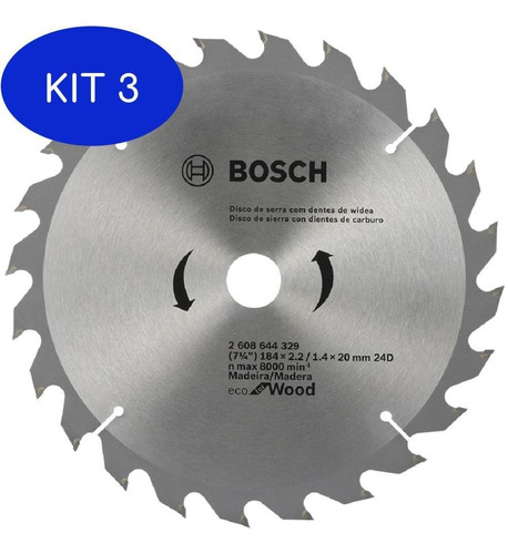 Kit 3 Disco Para Serra Circular 184mm Eco 24 Dentes - Bosch