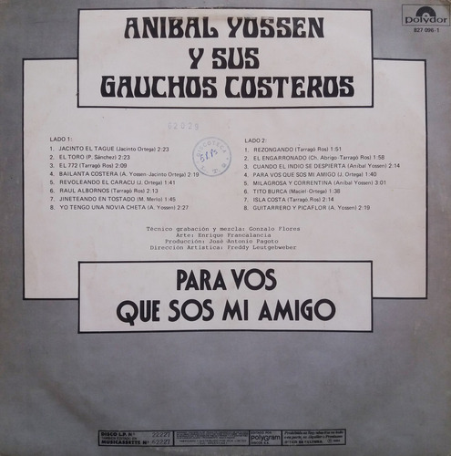 Anibal Yossen Y Gauchos - Para Vos Que Sos Mi Amigo Lp 1