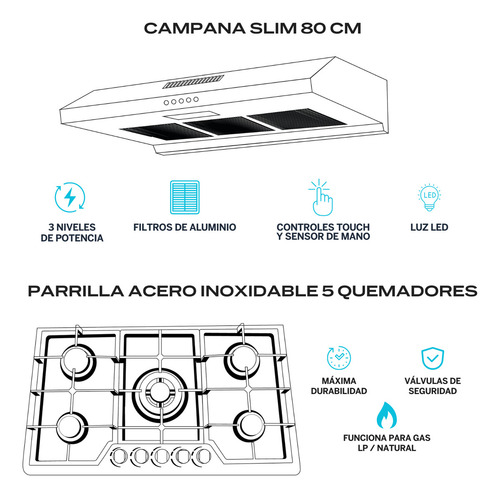 Combo Parrilla De Gas Y Campana Extractora 80 Cm | Lu5ta80 Color Gris