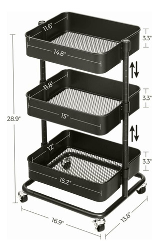 Songmics Ubsc60b Carrito De Metal De 3 Niveles, Carrito De
