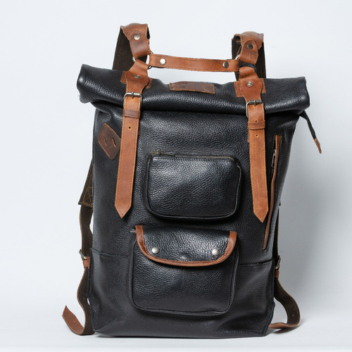 Mochila Back Pack Rolltop Para Hombre 100% Cuero Negro Cuero