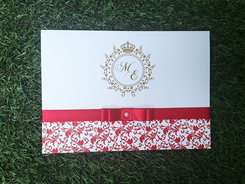 Imagem 2 de 5 de Kit Com 80 Convites Casamento Vermelho E Dourado Lindo Top