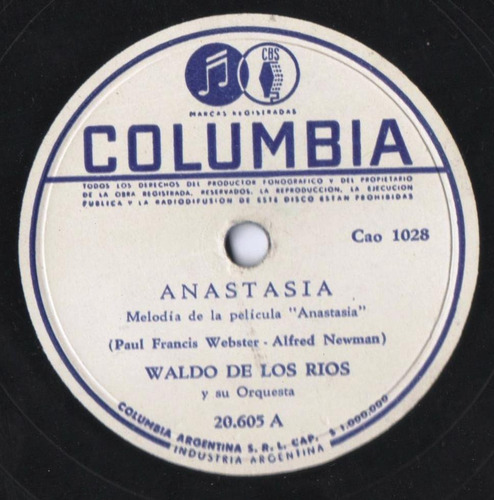 Disco Orig. 78 Rpm Melódico De Waldo De Los Ríos Anastasia