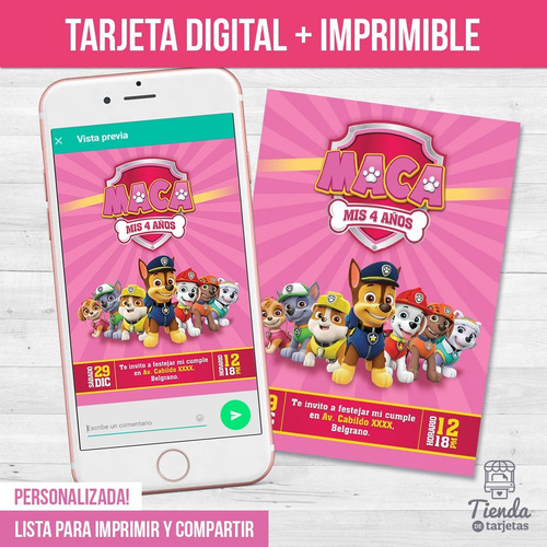 Imagen 2 de 4 de Invitación Digital + Imprimible - Paw Patrol Perritos Nena