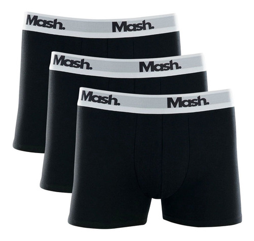 Cueca Mash Boxer Cotton Spandex Black Logo Preta Pack 3un